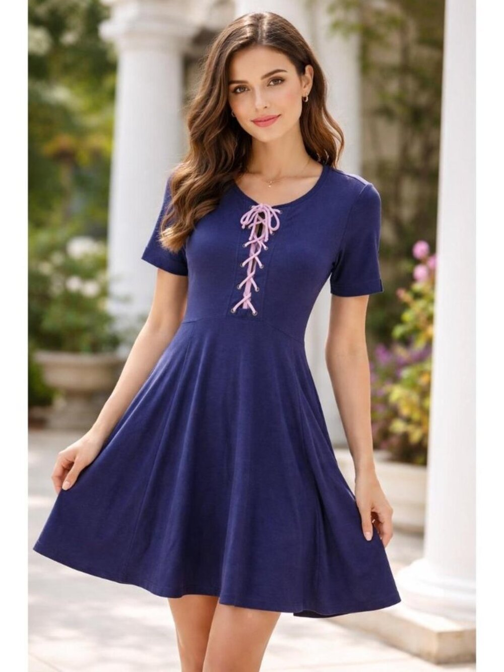 Maeve for Anthropologie Navy Knit Dress with Purple Lace-Up Front